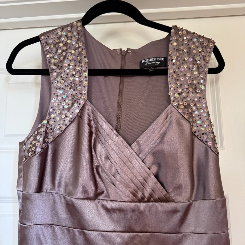 Robbie Bee Taupe Satin Cocktail Dress with Sequins and Pleated Bodice Size 8